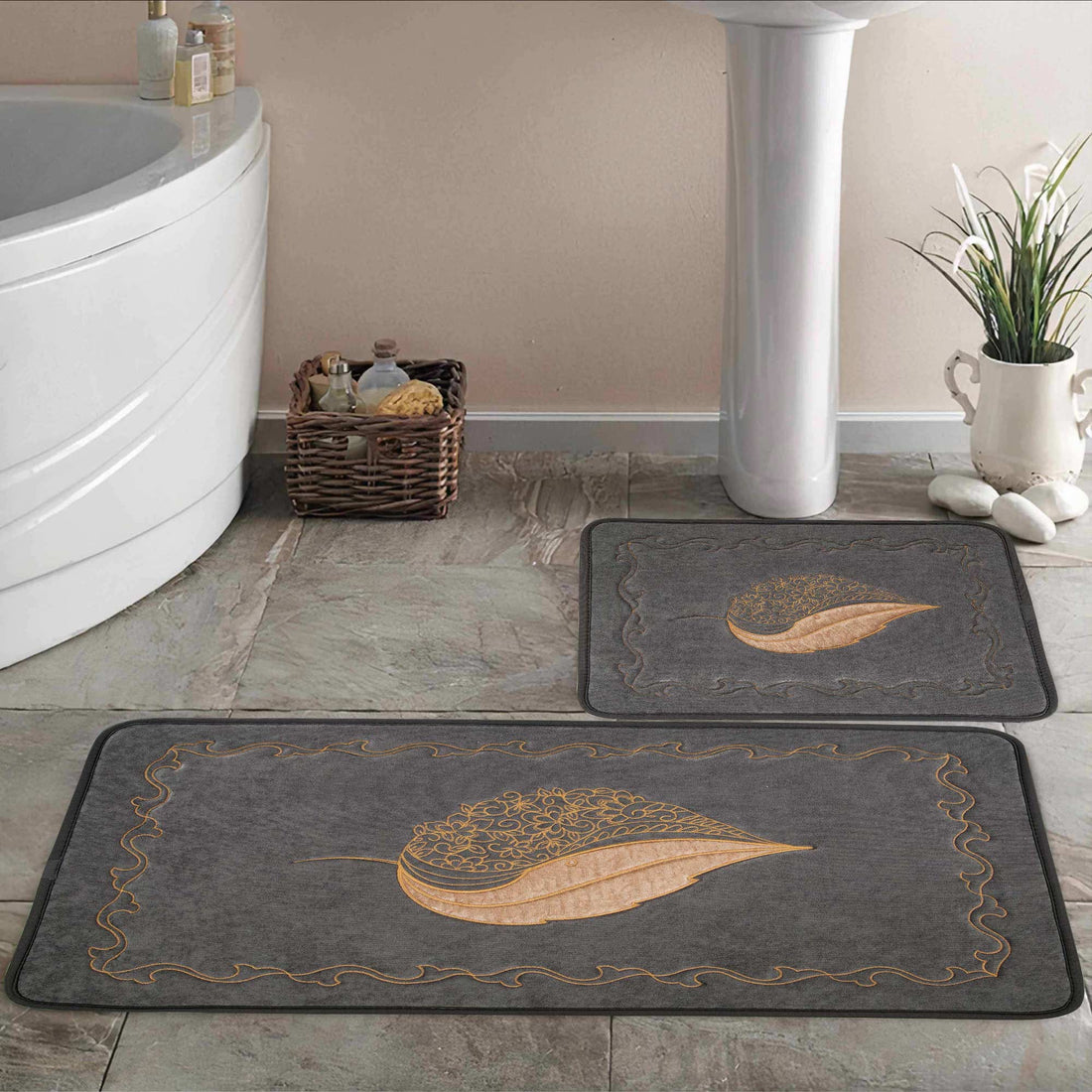 Veldena Yaprak Desen 2li Banyo Paspas Takımı